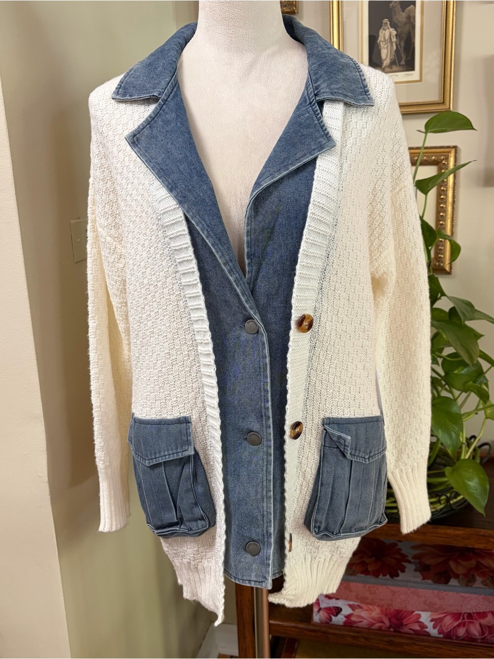 NWT Six/Fifty SzSm Cream Knit Cardigan with Blue Denim Accents - Women's Sweater